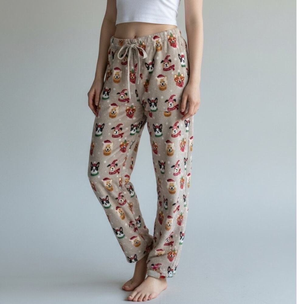 Daydream Plush Ultra Soft Tan Christmas Puppy Pajama Pants Women's Size XL NWT